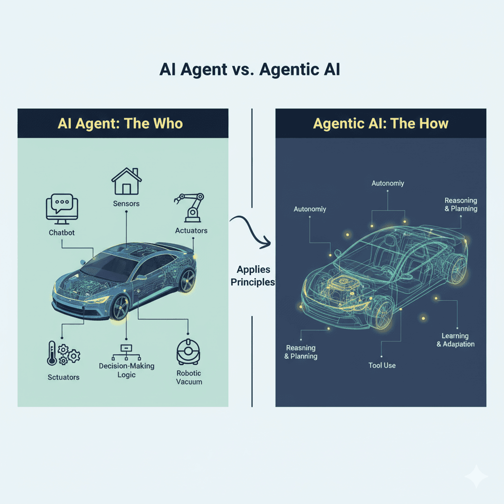 AI Agent vs Agentic AI diagram showing a car with sensors and actuators on the left, and a wireframe car showing principles like autonomy and reasoning on the right.