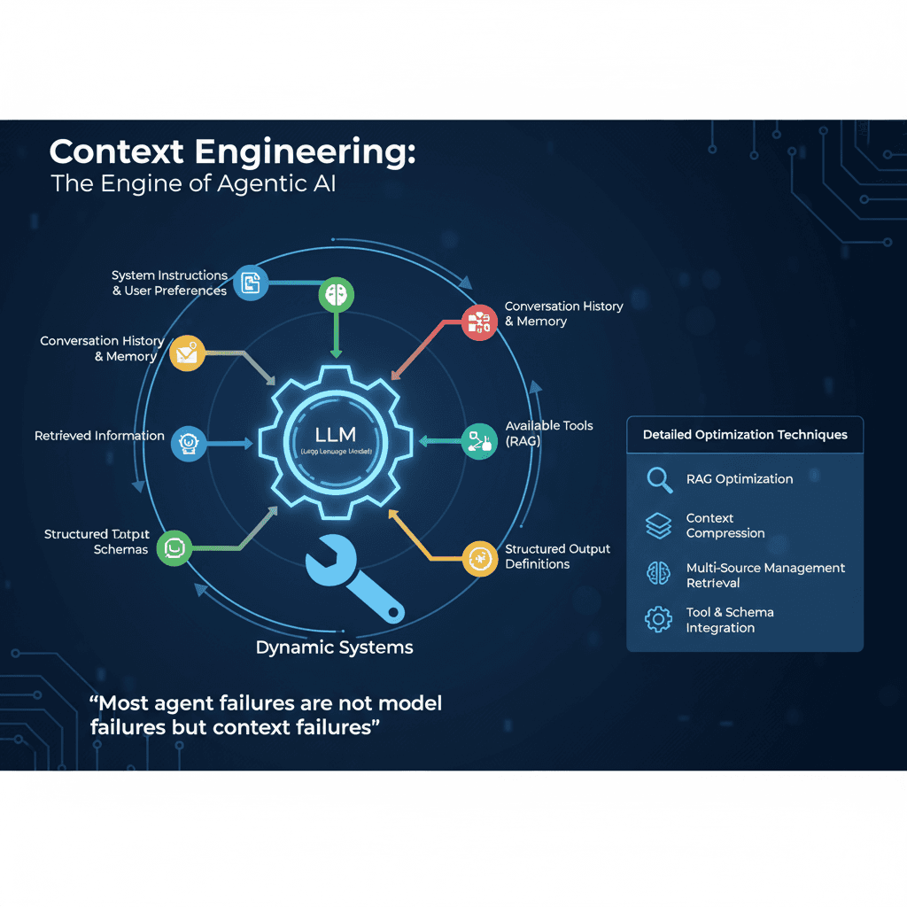 Context Engineering diagram showing how dynamic systems feed components like RAG, memory, and tools into an LLM.